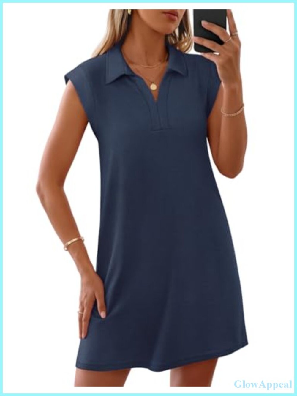 Women's V Neck Collared Cap Sleeve Loose Fit Mini Shift Dress